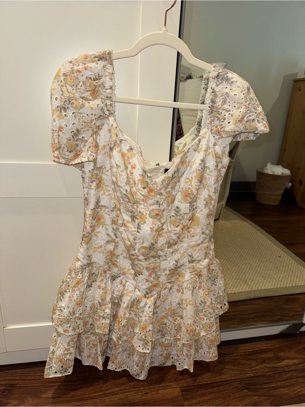 Bardot White Eyelet Floral Puff-Sleeve Mini Dress